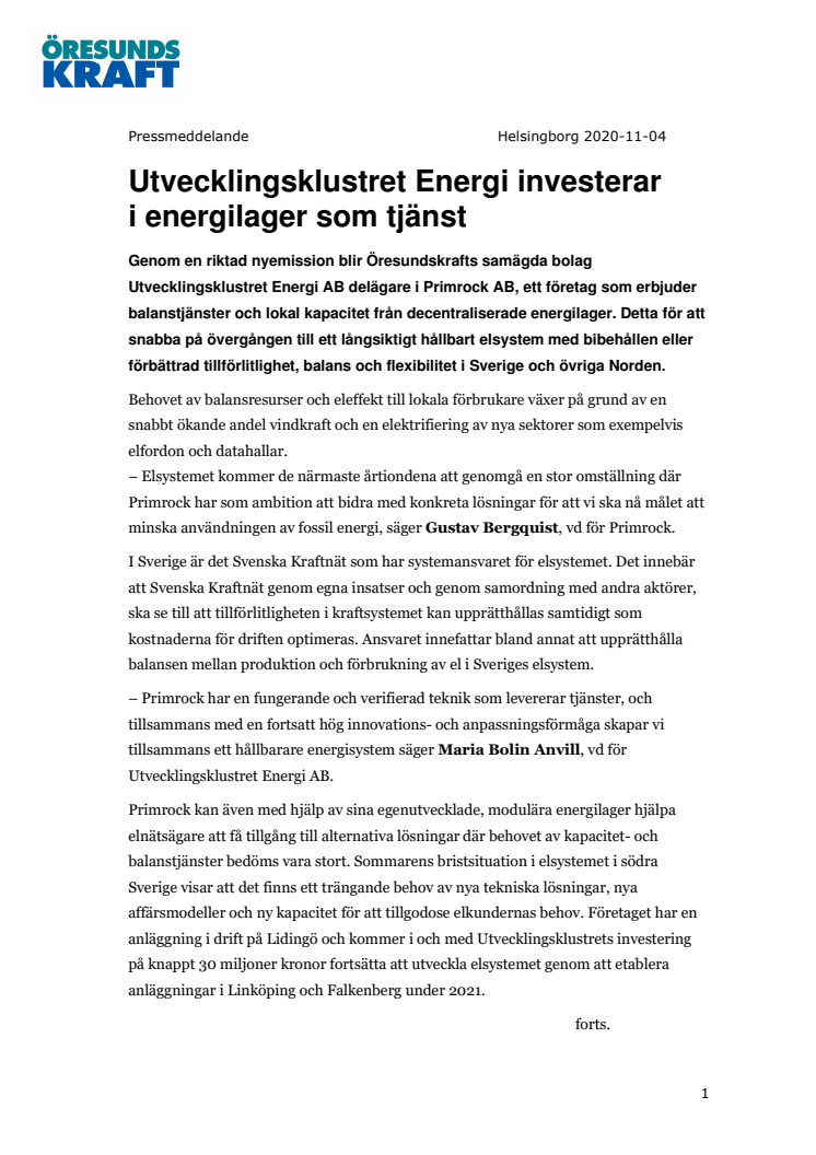 ​Utvecklingsklustret Energi investerar i energilager som tjänst