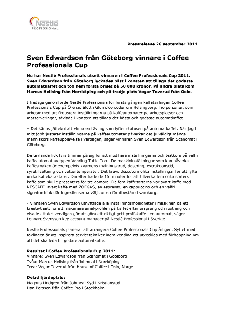 Sven Edwardson från Göteborg vinnare i Coffee Professionals Cup