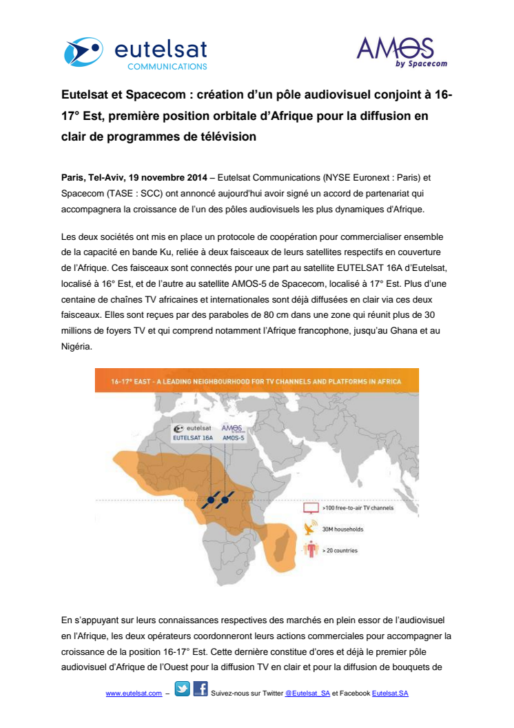 Eutelsat et Spacecom : création d’un pôle audiovisuel conjoint à 16-17° Est