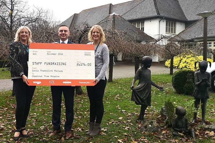 GTR HR Director Andy Bindon presents a staff donation to Mikayla Bernstein (left) and Alison Taylor of Chestnut Tree House children%27s hospice