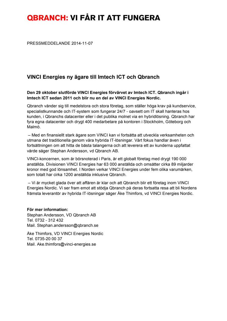 VINCI ENERGIES NY ÄGARE TILL IMTECH ICT OCH QBRANCH