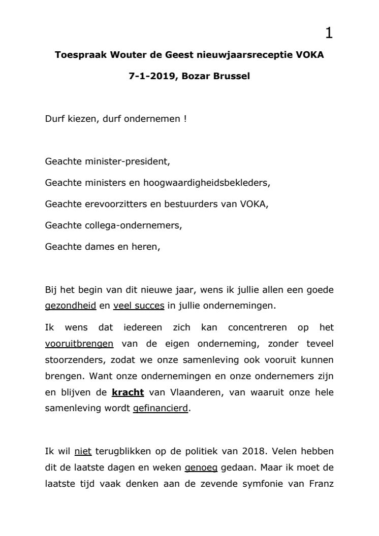 Toespraak Wouter De Geest - Voka nieuwjaarsreceptie en memorandum 2019