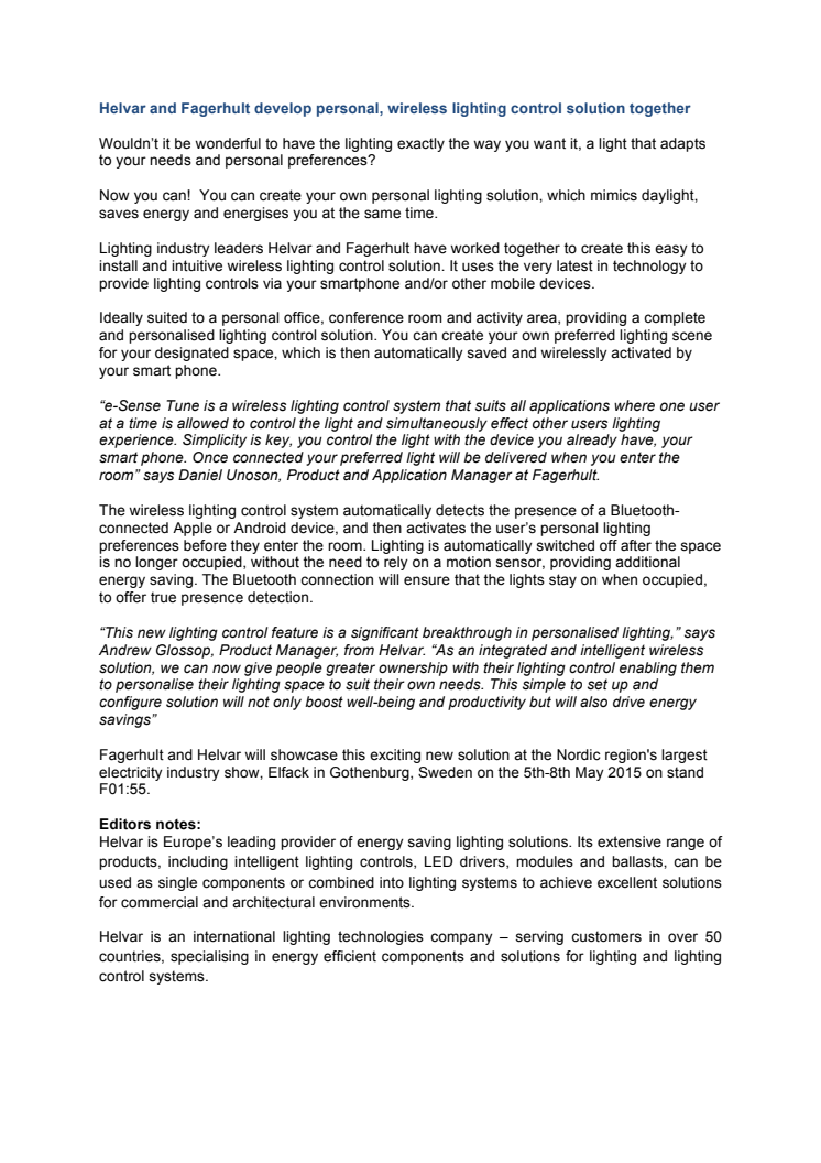 Helvar and Fagerhult develop personal, wireless lighting control solution together