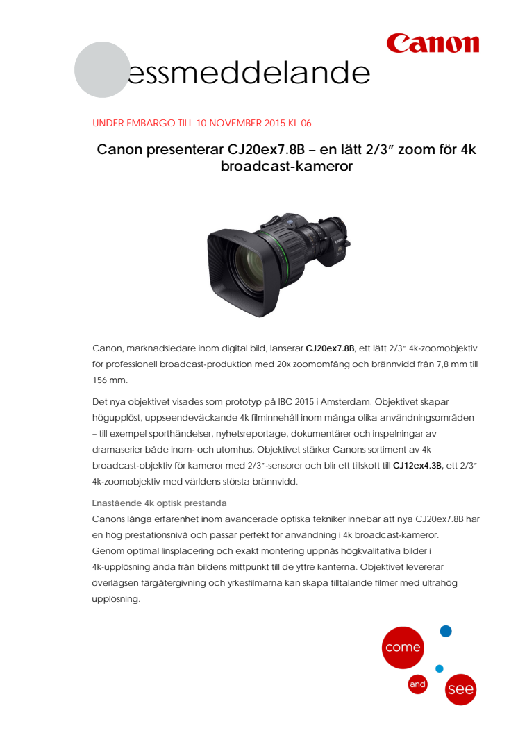 Canon presenterar CJ20ex7.8B – en lätt 2/3” zoom för 4k broadcast-kameror