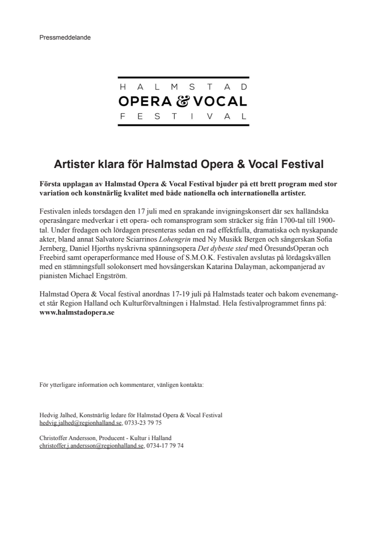 Artister klara för Halmstad Opera & Vocal Festival