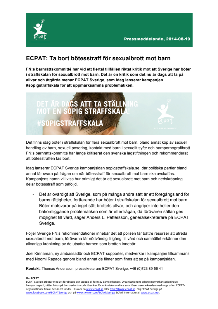 ECPAT: Ta bort bötesstraff för sexualbrott mot barn