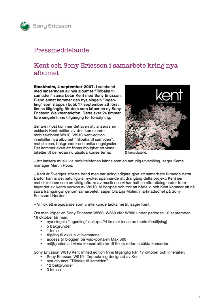 Kent och Sony Ericsson i samarbete kring nya albumet