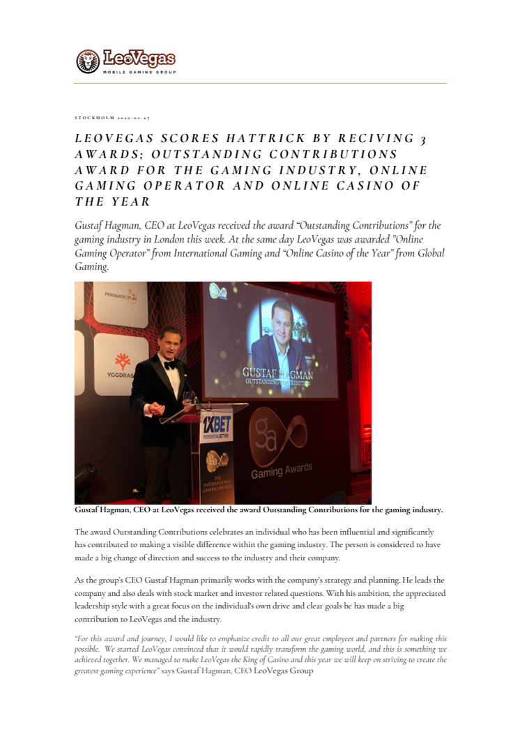 LeoVegas scores hattrick by reciving 3 Awards; Outstanding Contributions Award for the gaming industry, Online Gaming Operator and Online Casino of the Year