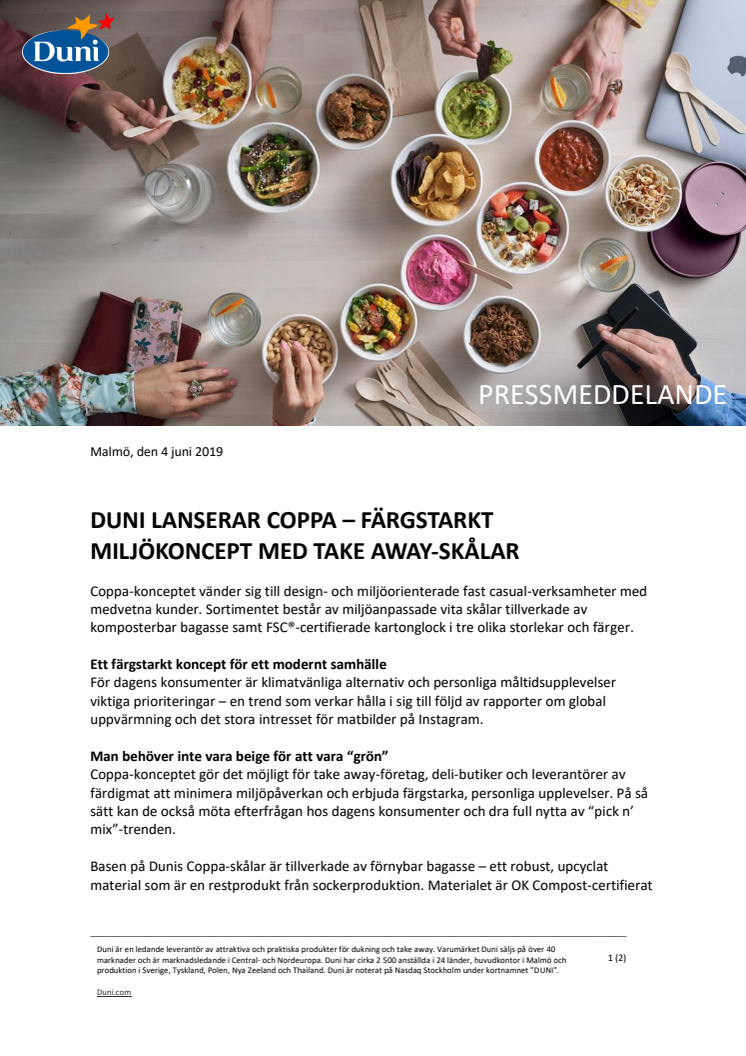 DUNI LANSERAR COPPA – FÄRGSTARKT MILJÖKONCEPT MED TAKE AWAY-SKÅLAR