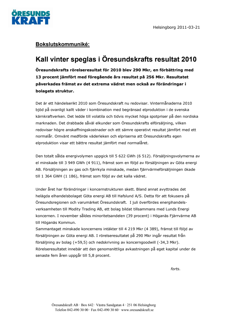 Kall vinter speglas i Öresundskrafts resultat 2010