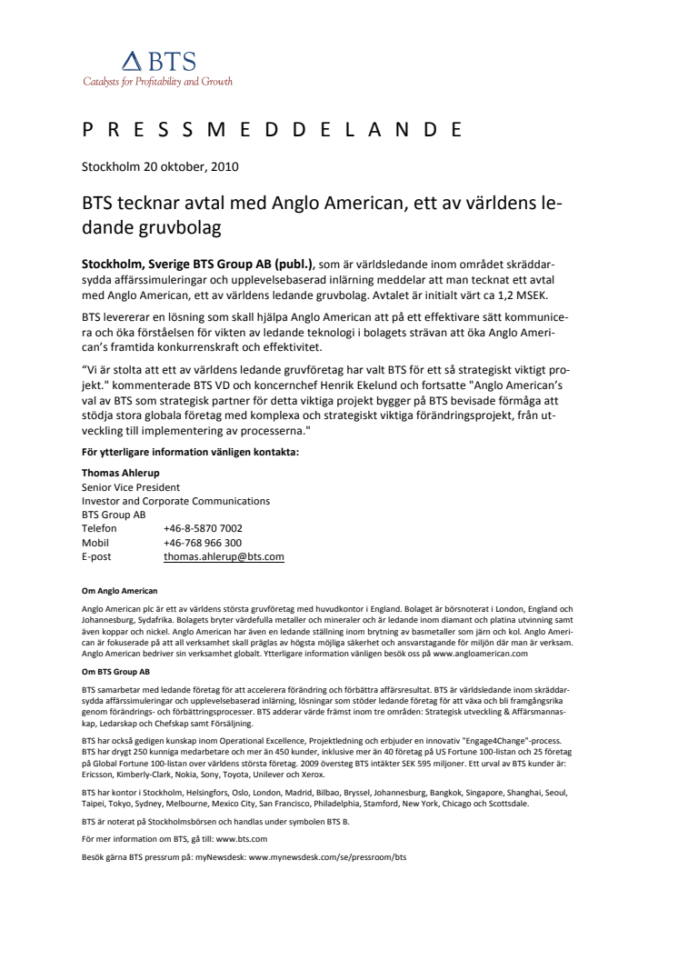 BTS tecknar avtal med Anglo American, ett av världens ledande gruvbolag