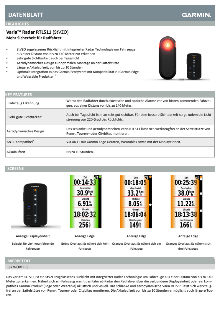 Datenblatt Garmin Varia RTL511