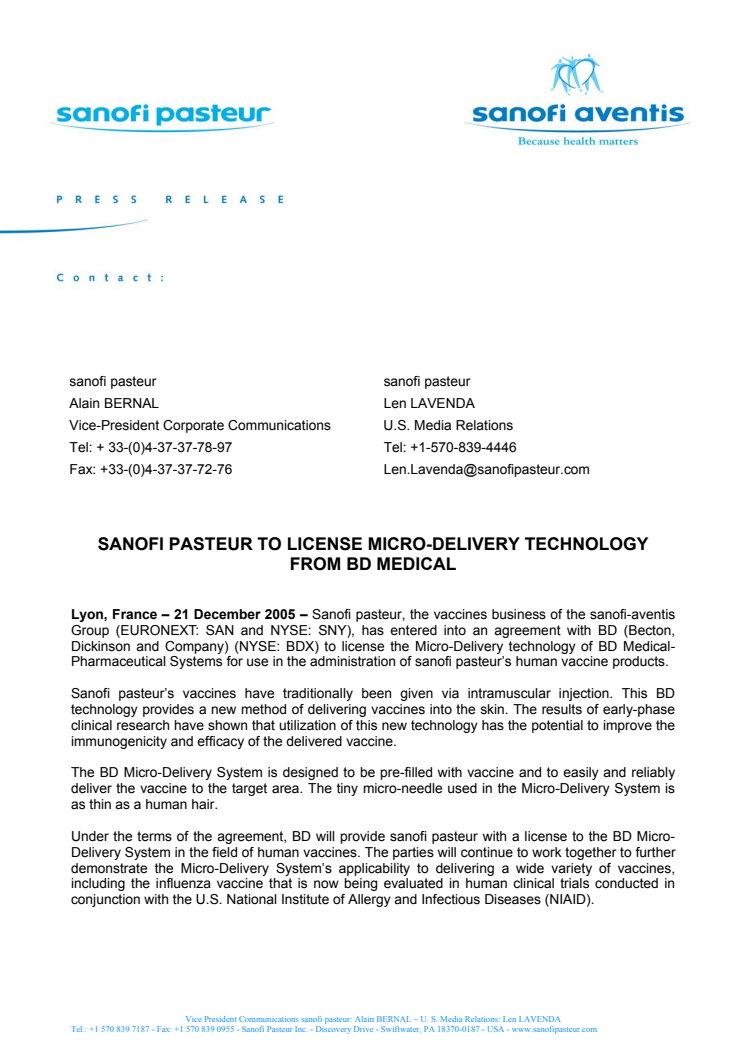 SANOFI PASTEUR TO LICENSE MICRO-DELIVERY TECHNOLOGY