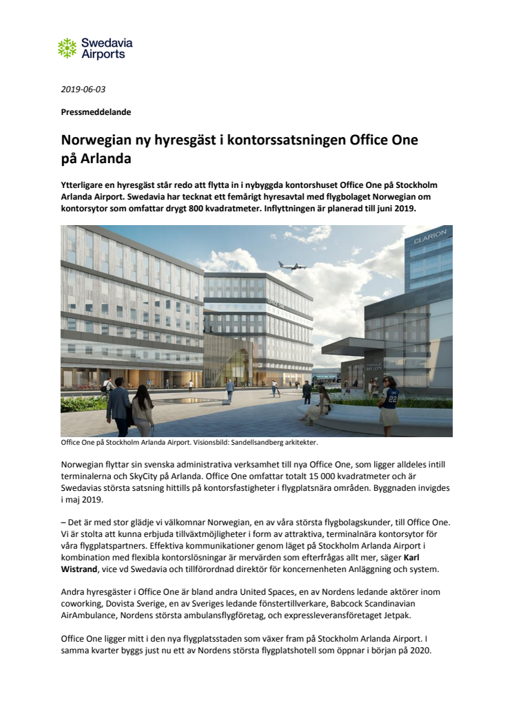 Norwegian ny hyresgäst i kontorssatsningen Office One på Arlanda