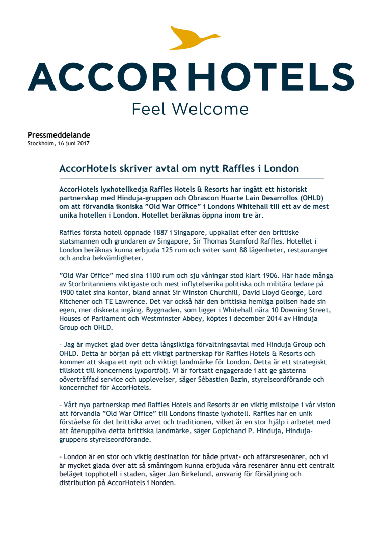 AccorHotels skriver avtal om nytt Raffles i London