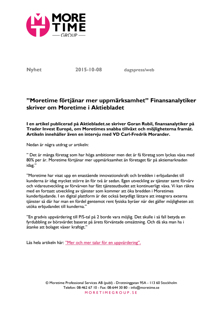 "Moretime förtjänar mer uppmärksamhet" Finansanalytiker skriver om Moretime i Aktiebladet