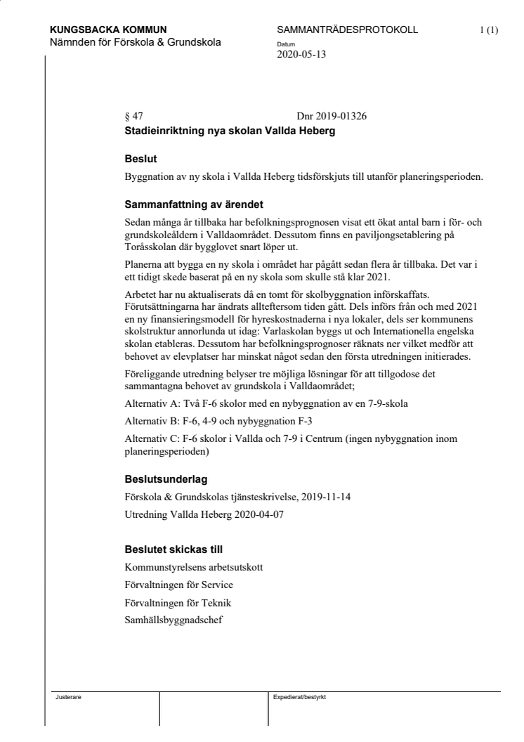 Beslut i nämnden Förskola&Grundskola 2020-05-13 om utredning skola Vallda Heberg