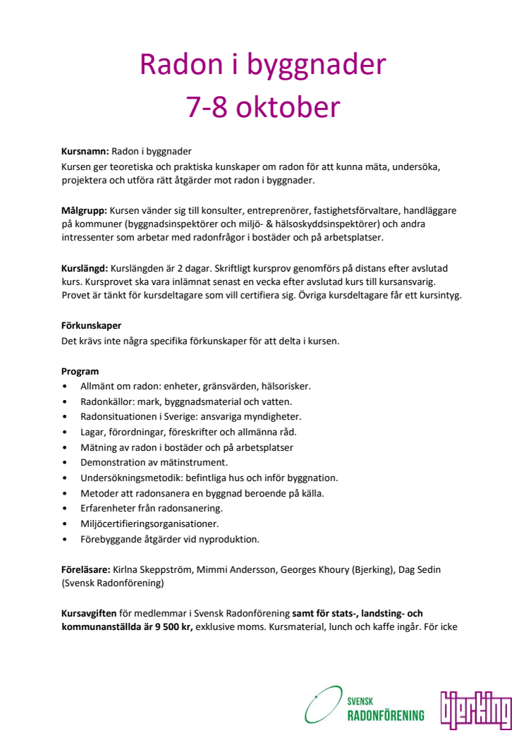 Radonkurs - Radon i Byggnader 7-8 oktober 2019 - Anmäl dig redan idag