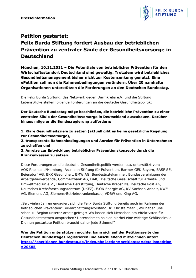 Pressemeldung vom 10.11.2011: Petition gestartet