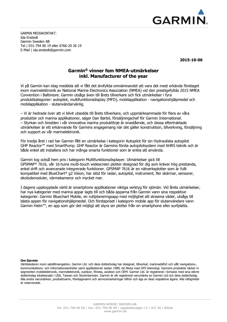 Garmin® vinner fem NMEA-utmärkelser inkl. Manufacturer of the year  
