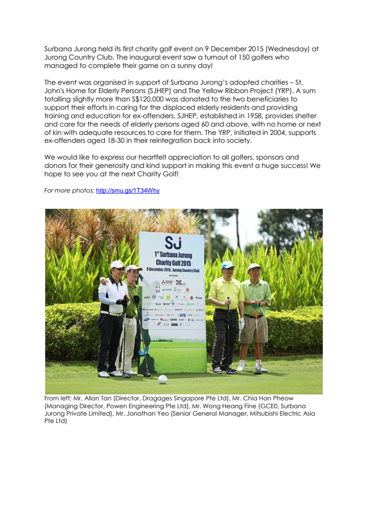 Surbana Jurong's Inaugural charity golf event raises over S$120,000 for St. John's Home for Elderly Persons and The Yellow Ribbon Project