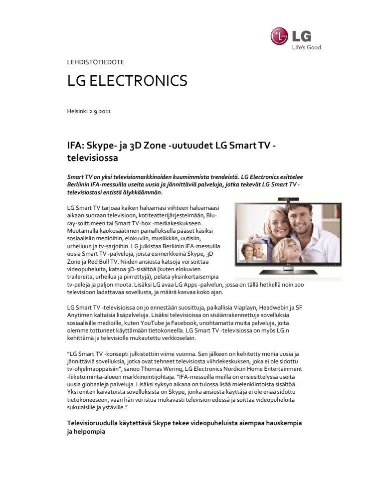 IFA: Skype- ja 3D Zone -uutuudet LG Smart TV -televisiossa 