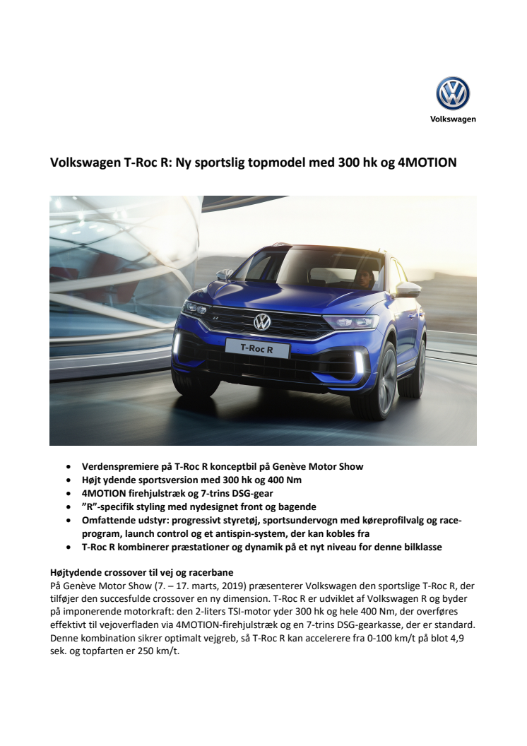 Volkswagen T-Roc R: Ny sportslig topmodel med 300 hk og 4MOTION