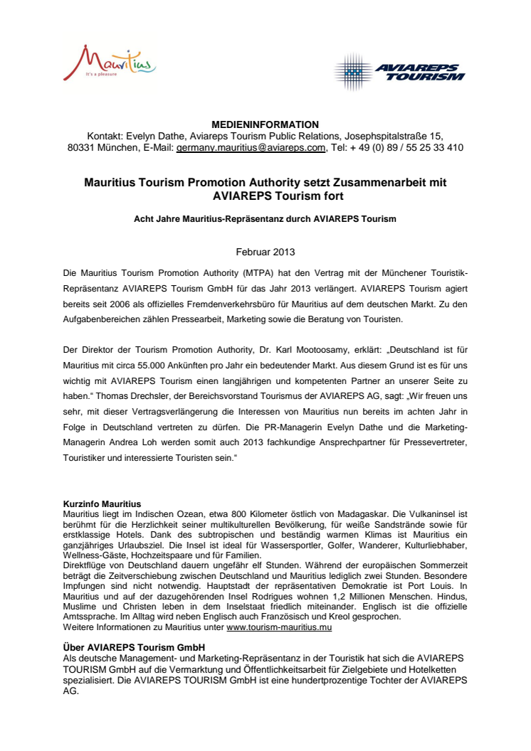 Mauritius Tourism Promotion Authority setzt Zusammenarbeit mit AVIAREPS Tourism fort