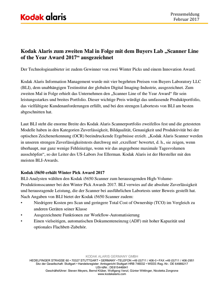 Kodak Alaris zum zweiten Mal in Folge mit dem Buyers Lab „Scanner Line of the Year Award 2017“ ausgezeichnet
