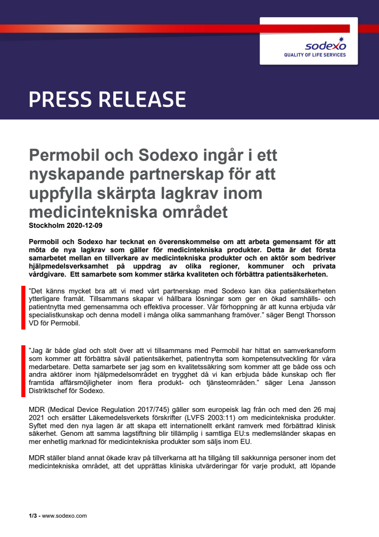 Permobil och Sodexo ingår i ett nyskapande partnerskap för att uppfylla skärpta lagkrav inom medicintekniska området