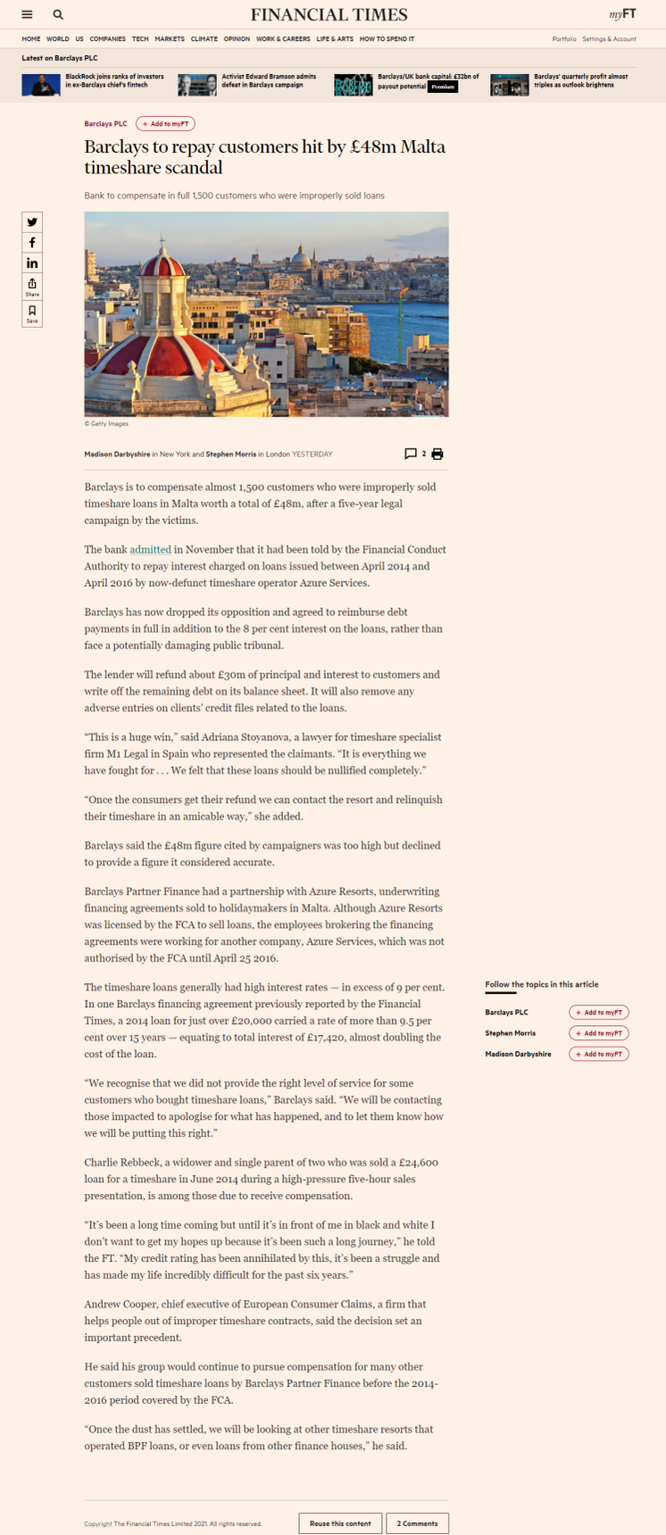 Financial Times story June 18th 2021.  Barclays Partner Finance admits defeat after campaign by timeshare lawyer supported by European Consumer Claims