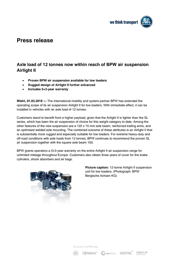 Axle load of 12 tonnes now within reach of BPW air suspension Airlight II