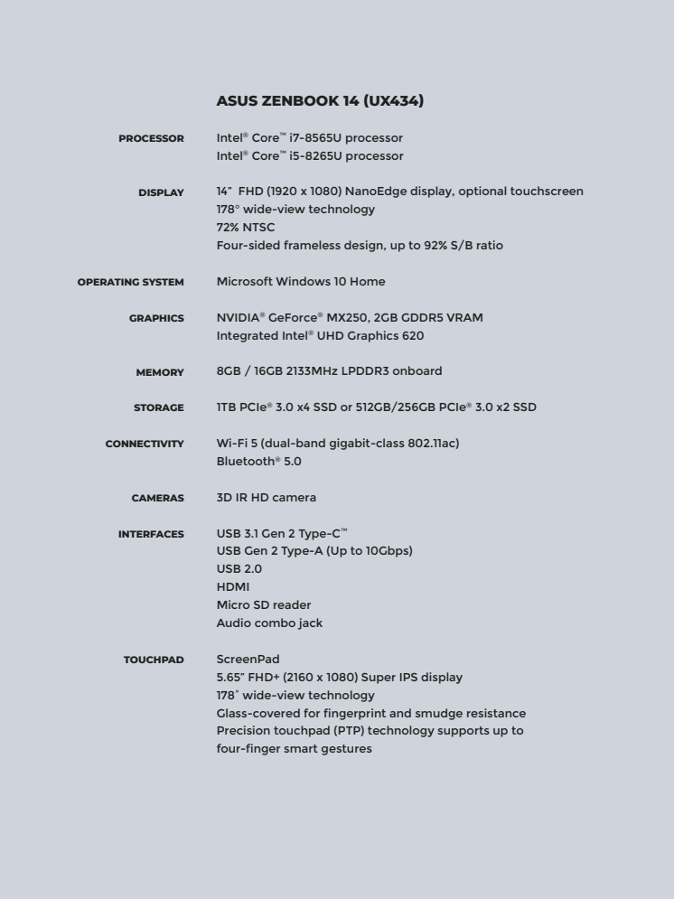 Zenbook 14 (UX434) specifications