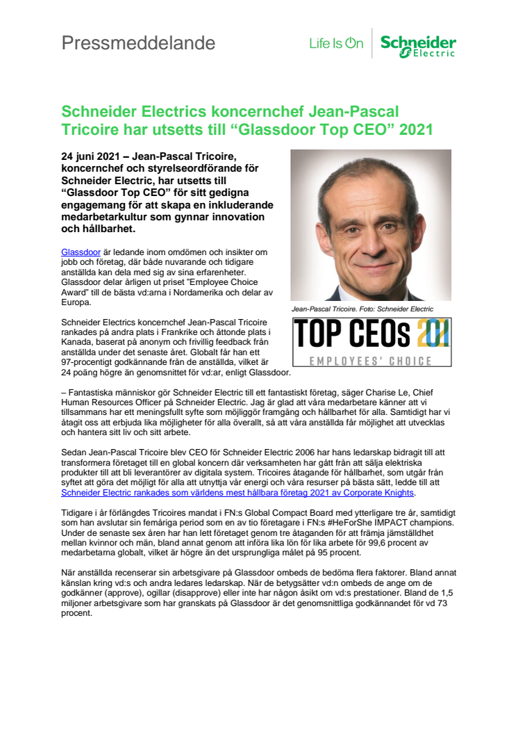 Schneider Electrics koncernchef Jean-Pascal Tricoire har utsetts till “Glassdoor Top CEO” 2021