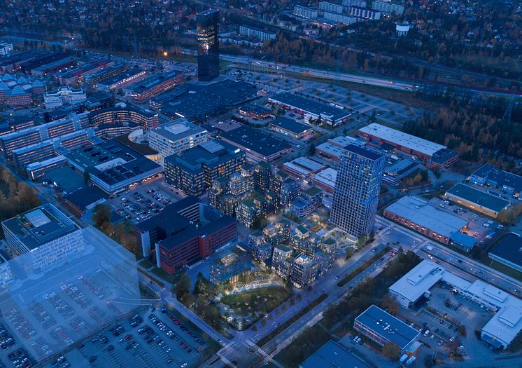 Flygvy över det nya kvarteret Myvatten i Kista. Bild: Dreem Arkitekter 