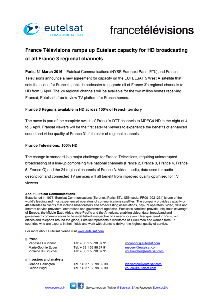 France Télévisions ramps up Eutelsat capacity for HD broadcasting of all France 3 regional channels