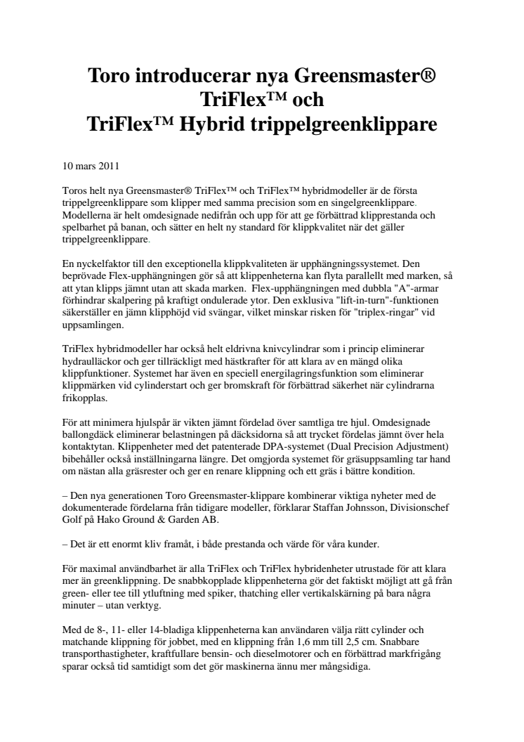 Toro introducerar nya Greensmaster® TriFlex™ och TriFlex™ Hybrid trippelgreenklippare