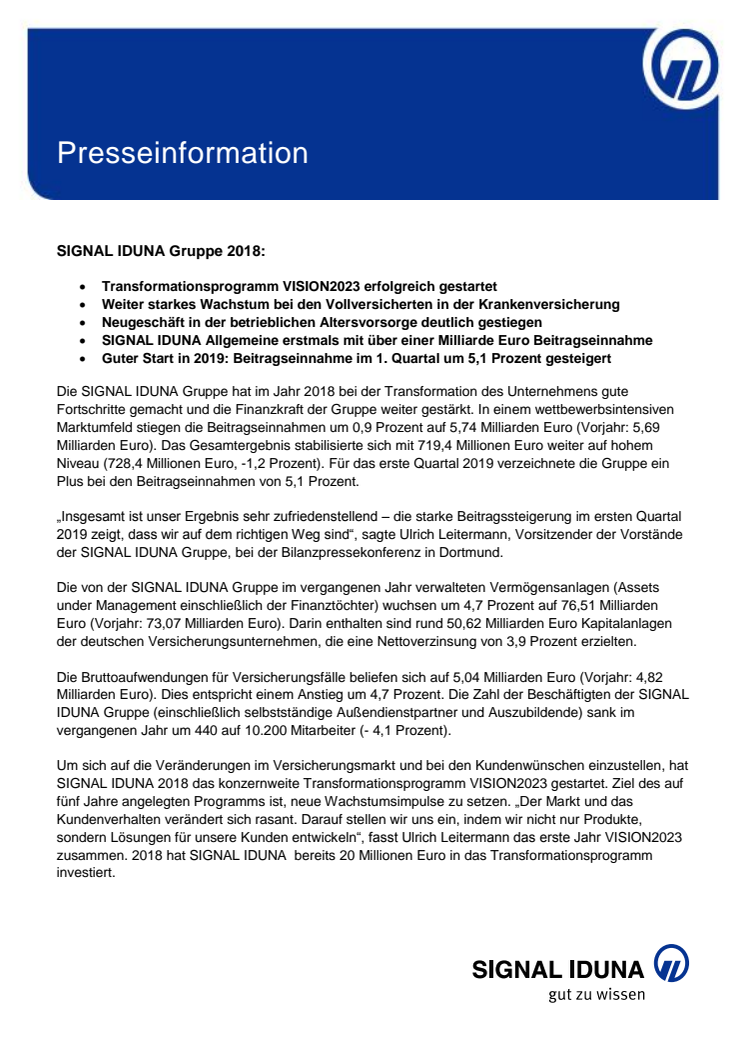 SIGNAL IDUNA Gruppe 2018:  Auf dem richtigen Weg