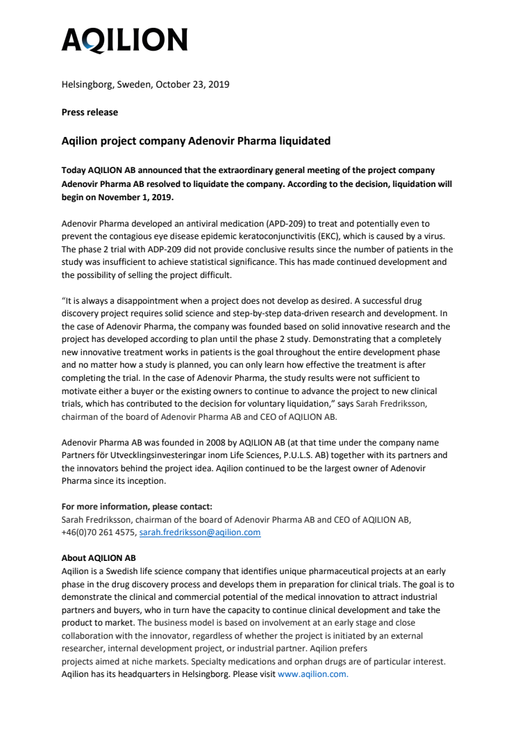 Aqilion project company Adenovir Pharma liquidated