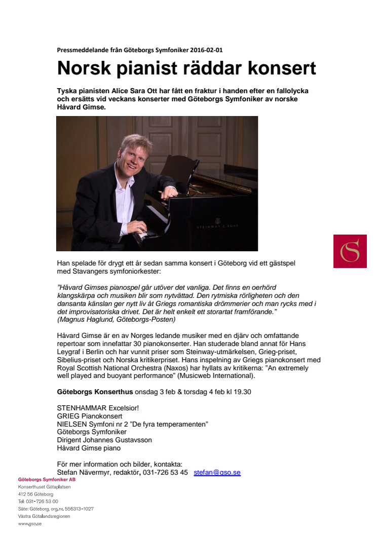 Norsk pianist räddar konsert