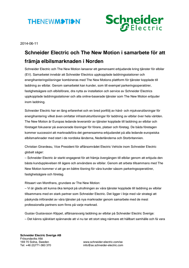 Schneider Electric och The New Motion i samarbete för att främja elbilsmarknaden i Norden