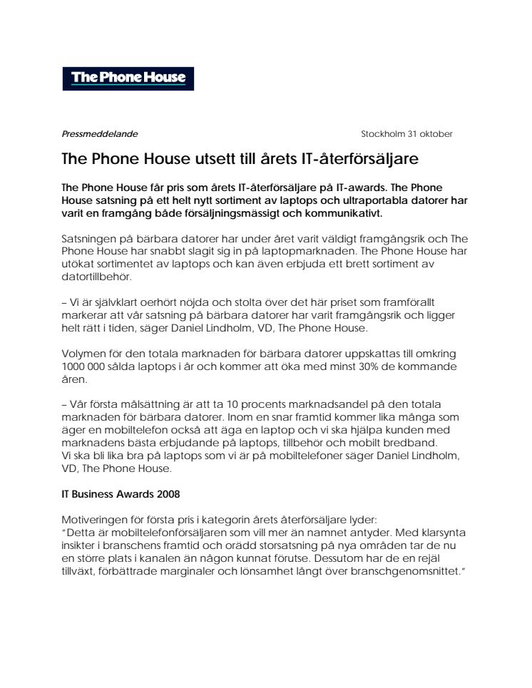 The Phone House utsett till årets IT-återförsäljare 