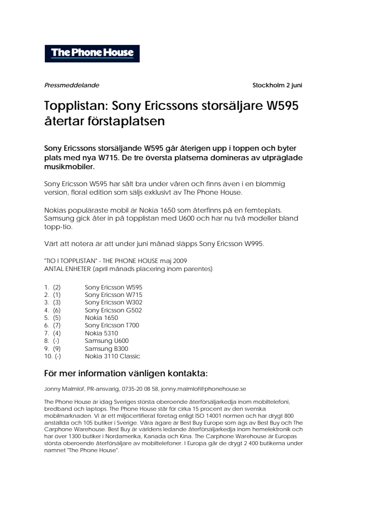 Topplistan: Sony Ericssons storsäljare W595 återtar förstaplatsen