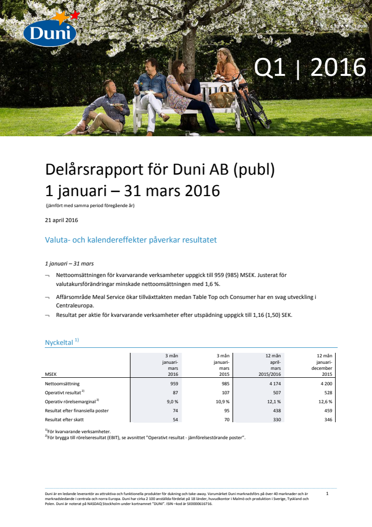 Delårsrapport för Duni AB (publ) 1 januari – 31 mars 2016