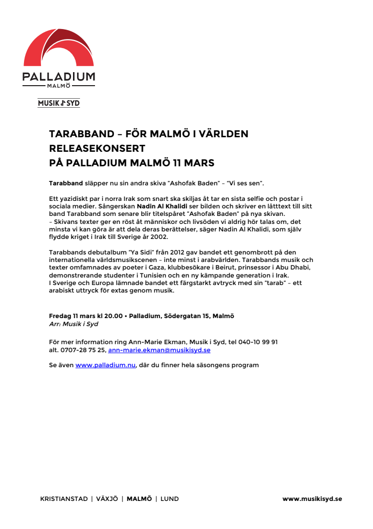 Tarabband – för Malmö i världen – Releasekonsert på Palladium Malmö 11 mars