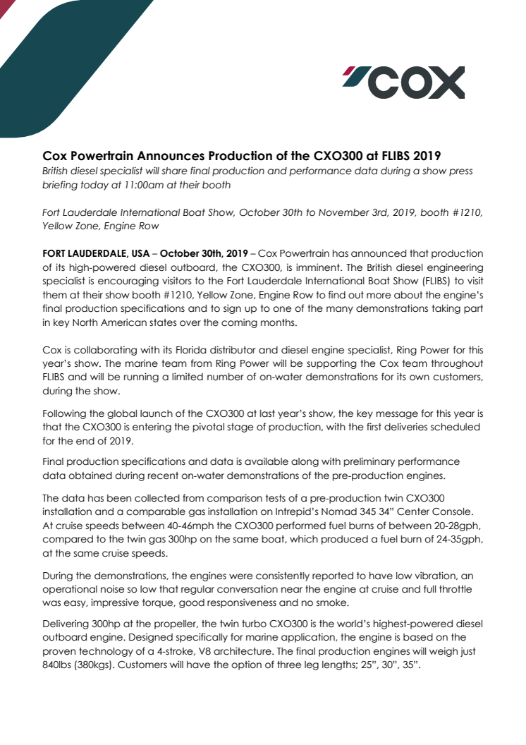 FLIBS 2019: Cox Powertrain Announces Production of the CXO300 