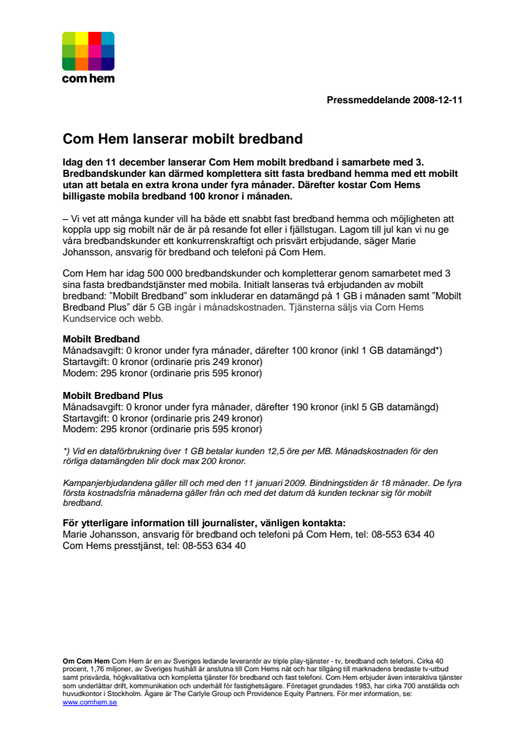 Com Hem lanserar mobilt bredband