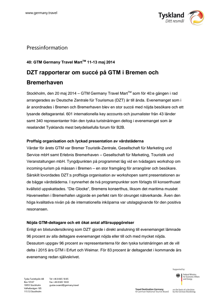 DZT rapporterar om succé på GTM i Bremen och Bremerhaven