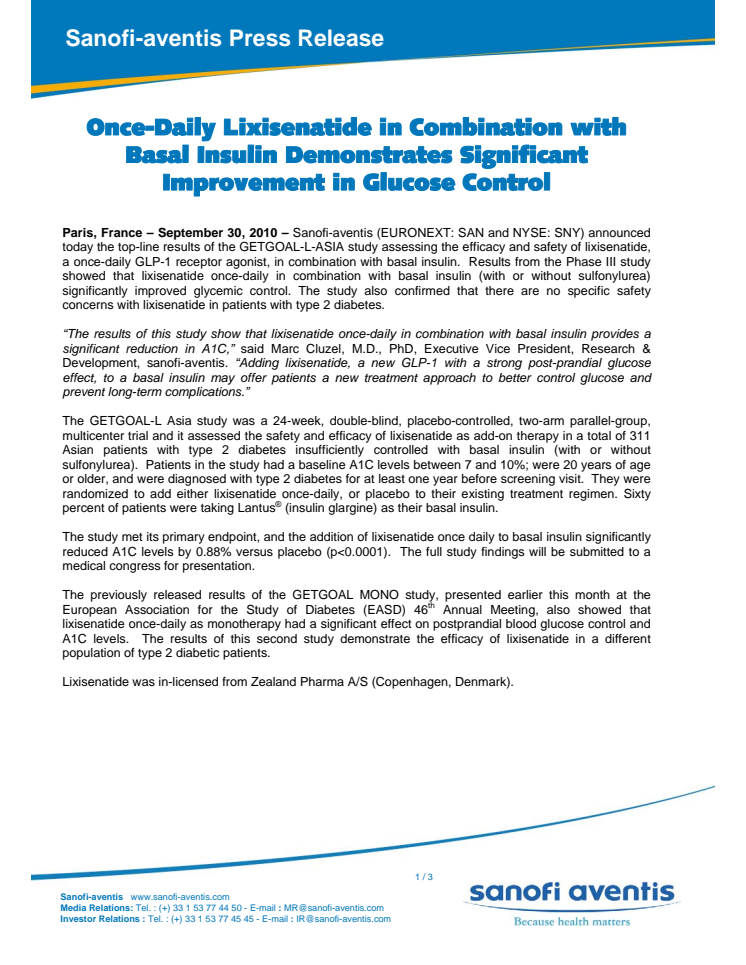 Once-Daily Lixisenatide in Combination with Basal Insulin Demonstrates Significant Improvement in Glucose Control