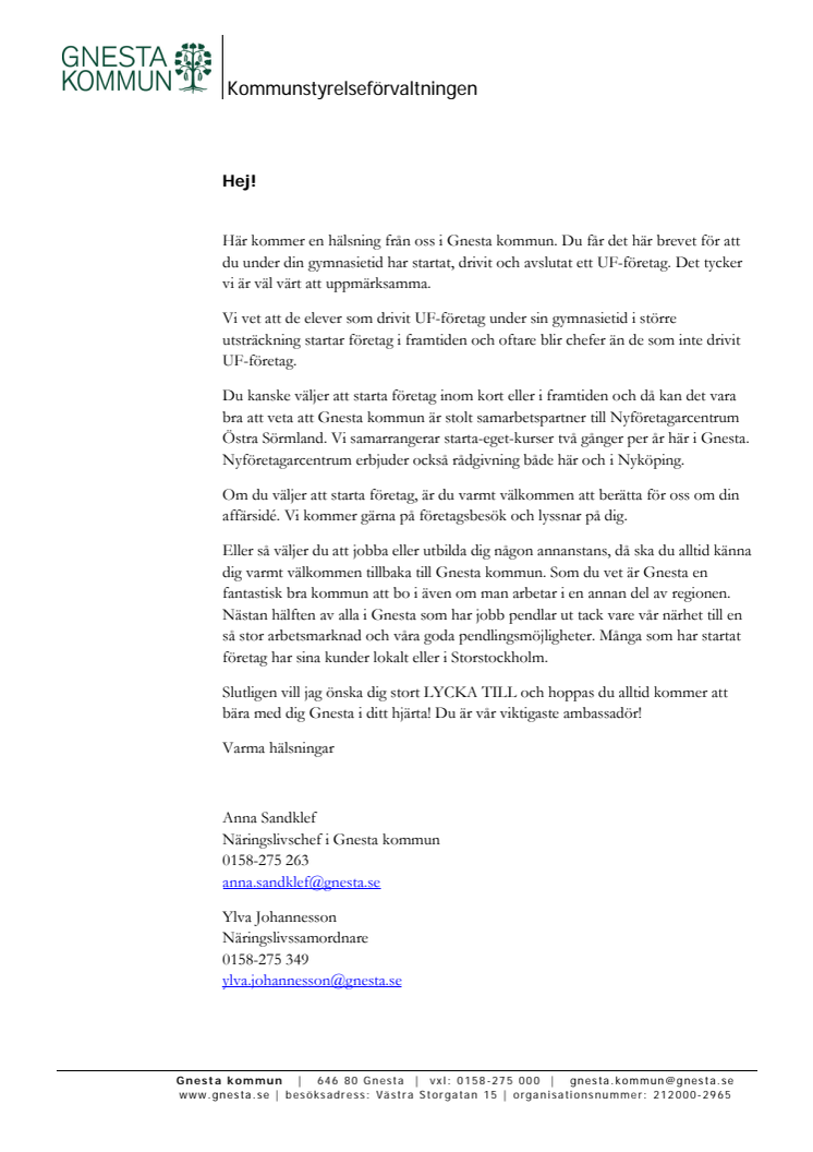 Gnesta kontaktar UF-företagare